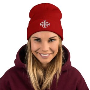 Embroidered White Jerusalem Cross Beanie
